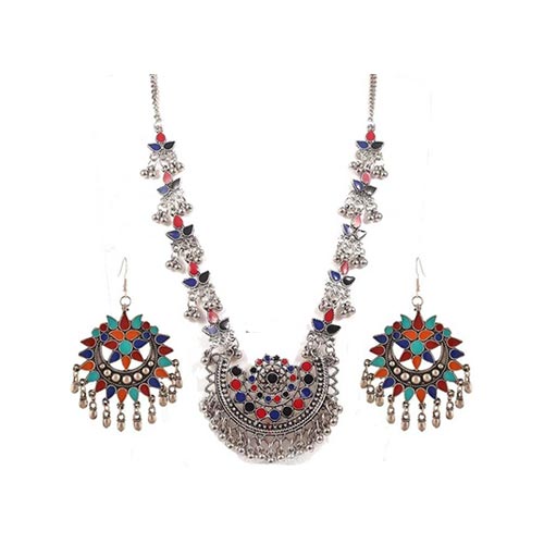 Fancy Colorful Silver Oxidised Necklace Set